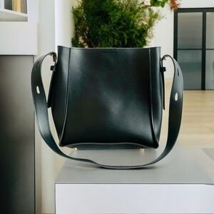 Women’s Black Vegan Leather Shoulder Bag Midi Tote Gold Accent Adjustable NWOT